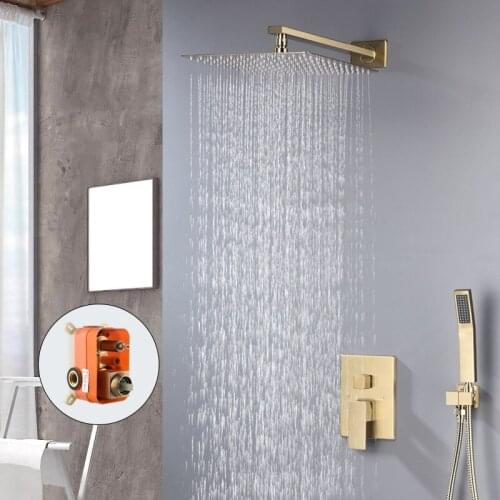 Brushed gold dual-function in-wall shower set concealed square pressurized 12-inch top nozzle