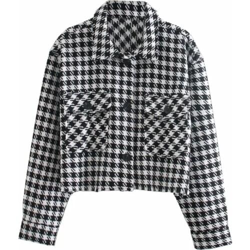Fashion Retro Womens Lapel Single Breasted Pocket Classic Houndstooth Plaid Short Shirt Style Chic Jacket