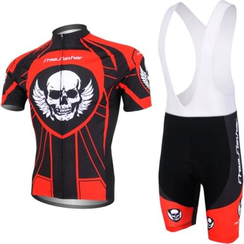 Mens Cycling clothes Bicycle Skull Printing Cycling Jersey Short Sleeve Breathable Gel Padded+Bib Shorts Gel Padded