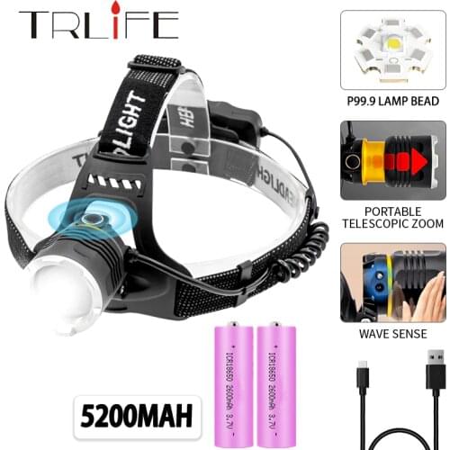 5200MAH XHP99.9 IR Sensor Headlamp Smart Light Telescopic Zoom High Power Rechargeable Lantern Use 18650 Head Torch Waterproof