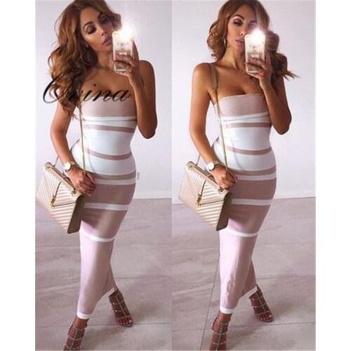 New Style Pink Strapless Striped Bodycon Bandage Dress Women Homecoming Party Dress