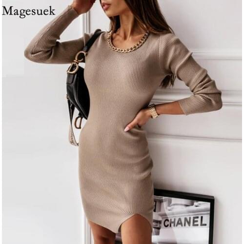 Autumn Winter Long Sleeve Mini Dress Female Chain Knitted Sweater Dress Women Vintage Bodycon Party Dresses Women Vestidos 12591