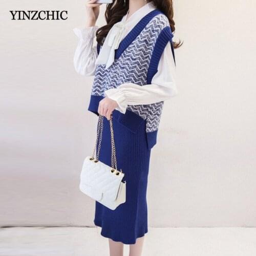 Autumn Woman Knit Two-pieces Set V-neck Vest Straight Skirt Suits for Office Lady Winter Basic Knitted Suits Woman
