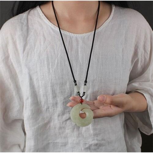 Natural XinJiang White Jade Round Dragon Phoenix Pendant Necklace Stone Lucky Amulet Chain Men Women Amulet Gifts sweater chain