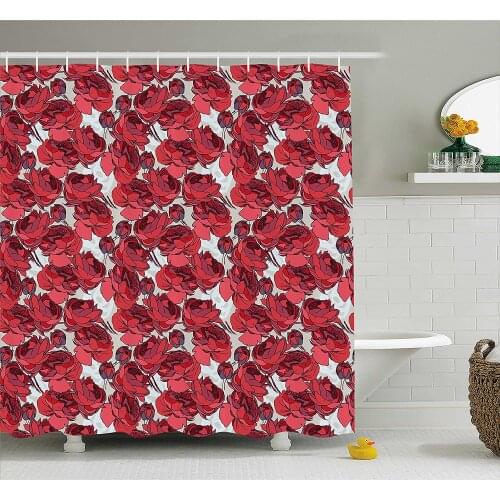 Floral Shower Curtain Vibrant Graphic Roses Blossoms Romantic Bouquet Illustration Waterproof Polyester Bath Curtain With Hooks