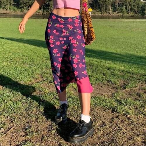 Y2K Aesthetic Floral Print Midi Skirt 90s Vintage Mesh Patchwork High Waist Double Layer Chiffon Skirts Kawaii Clothes 2021
