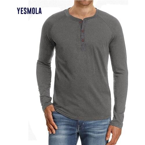 YESMOLA Men Long Sleeve Solid Color T-shirts Spring Autumn Fashion Button Design Slim Casual Mens T Shirts Breathable