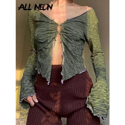 ALLNeon 90s Aesthetics Ruffles Button Green T-shirts Y2K Fairy Grunge V-neck Flare Sleeve Ruched Slit Crop Tops Sexy Tee Vintage