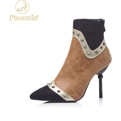 Phoentin Punk style Womens Ankle Boots 2021 retro Rivet patchwork Boots pointed toe super thin high heel boot brown FT1434