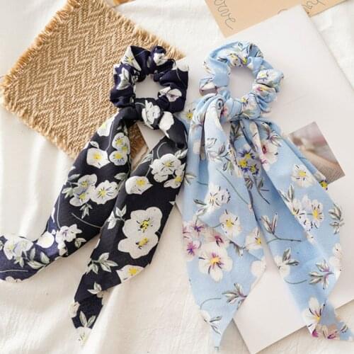 Women Flower Print Ribbon Scrunchies Scarf Dot Printed Elastic Hair Bands Sweet Bows Ponytail Holder Hair Ties Hair Accessories