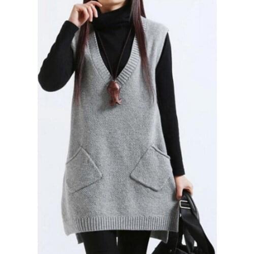 2021 Women Sweater Spring Autumn New Korean Womens V-neck Knit Long A-shaped Pocket Vest Pullover Sleeveless