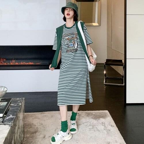 NYFS Summer Dress 2021 Korean New Striped Split Cartoon Print Woman Dress Vestidos Robe Elbise Shawl Two-piece Suit Dresses