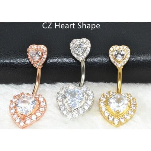 10PCS Surgical Steel Bar Heart CZ Navel Belly Ring Button Bar Navel Rings Body Piercing Jewelry 14G Sliver/Gold/Rose Gold Hot
