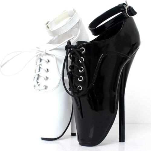 18Cm Ultra High Spike Heel Black Ballet Boots Lace-Up Sexy Pointed Toe Fetish Thin Heel Ballet Ankle Shoes Plus Size