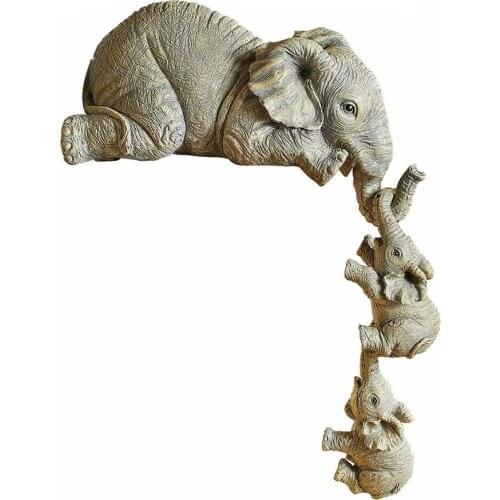 3pcs Elephant Sitter Hand-Painted Resin Figurines Mother and Two Babies Hanging Off The Edge of Shelf Table In Stock