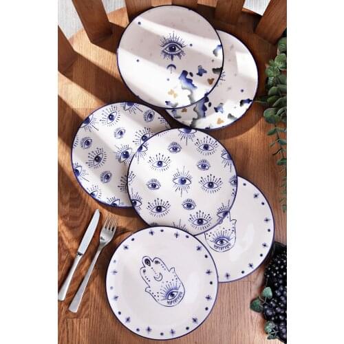 6 pcs 8.3 inch white blue eye of Fatima Marys hand pattern bright ceramic cake desert service saucer set porcelain design turkish tableware