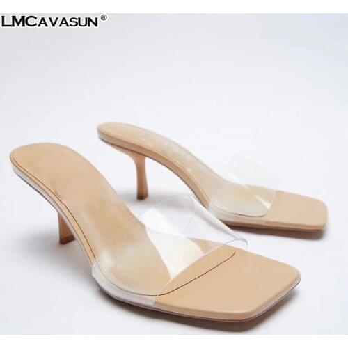 LMCAVASUN Brand Designer 2021 Summer Womens Shoes One Word Transparent Women Sandals High Thin Heels Sandals For Female