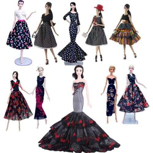 Classic Black Floral Polka Dot Doll Dress 1/6 BJD Clothes For Barbie Doll Outfits Princess Party Gown Dolls Accessories Kids Toy