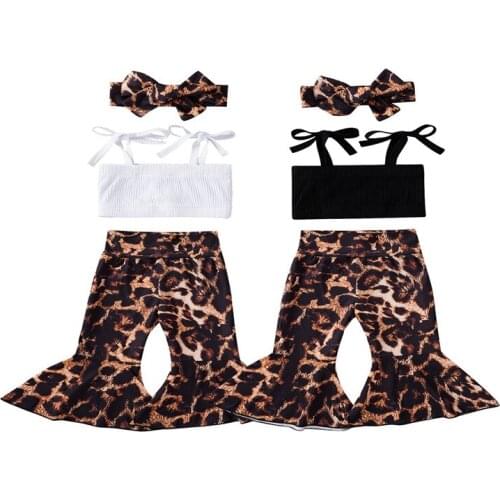 Newborn Baby Girl’s Camisole and Trousers Suit Summer Fashion Solid Color Lace-Up Vest and Leopard Trumpet Pants with Headband