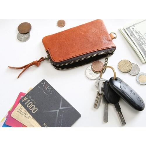 Genuine Leather Coin Purse Men Women Vintage Short Small Mini Zipper Key Wallet Card Holder Pocket Case Money Bag With Key Ring