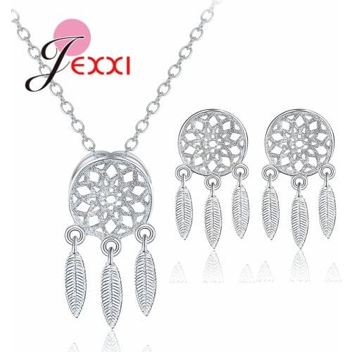 Dreamcatcher Style Fashion 925 Sterling Silver Jewelry Set for Women Necklace Earrings Party Accessories