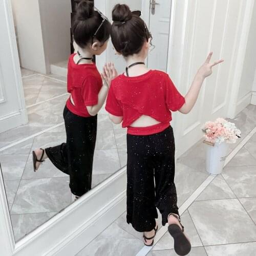 Fashion Glittering Sets Childrens Summer Cross Backless Tops& Loose Cropped Trousers Clothing Sets Child Clothes Girls Costume
