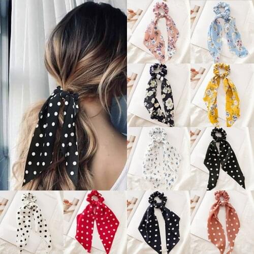Fashion Dot Printed Ponytail Scarf Elastic Hair Bands For Women Hair Bow Ties Scrunchies Hair Bands Flower Ribbon Hairbands