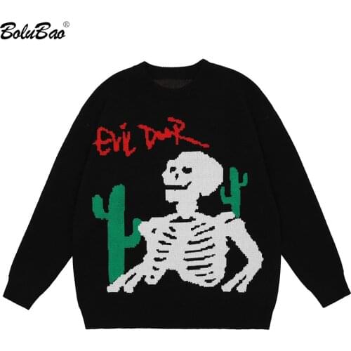 BOLUBAO Men Oversized Sweater Black Loose Cactus Skeleton Bone Printed High Quality High Street Vintage Knitted Pullover Sweater