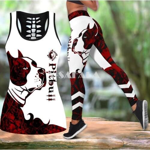 Pitbull Red Tattoos Dog Two Piece Yoga Set Women 3D Print Vest Hollow Out Tank Top High Waist Legging Summer Casual Sport