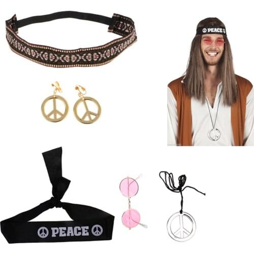 One set Peace Hippie Fancy Dress Hippy Costume Headband Sunglasses Earrings Necklace Kit for Halloween Christmas Fancy Dress