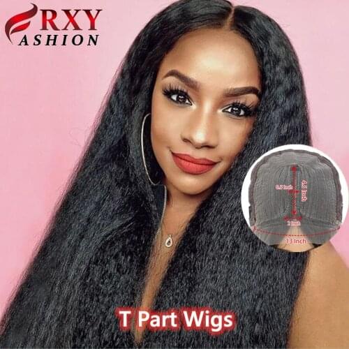 RXY Fashion 180% Density Kinky Straight T Part Transparent Lace Human Hair Wig Brazilian Remy Human Hair Wigs Curly Pre Plucked