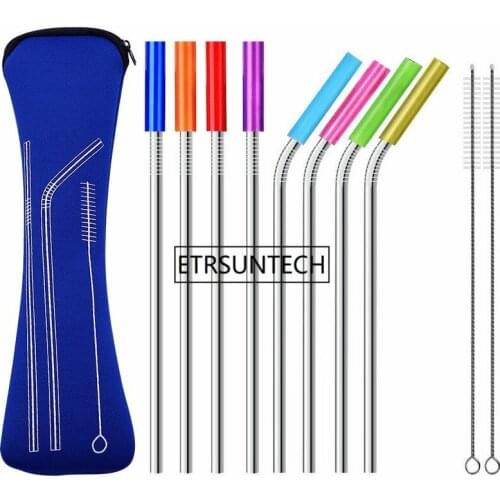 100sets 8pcs 8.5" Stainless Steel Metal Straws with 2pcs Cleaning Brushes Silicon Tips for 20oz Tumbler Coffee Mug Bar Tool