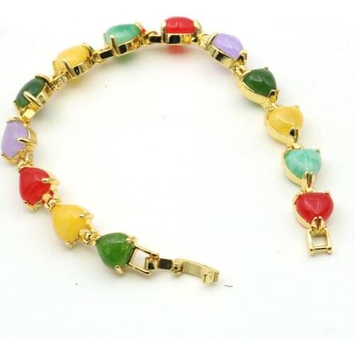 Bohemian Natural Jades Chalcedony Agates Rainbow Beads Heart Charm Bracelet Gold Plated Bangle Jewelry Yoga Women 7.5inch Y1099