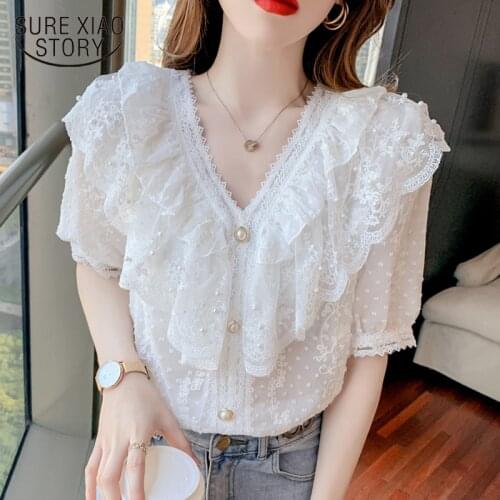 Summer New 2021 Short Sleeve V-neck Blouse Sweet Lace Ruffle Stitching Women Tops Crochet Mesh New Chiffon Shirt Blusas 15835