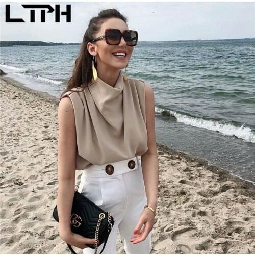 LTPH streetwear women t-shirt sleeveless stand collar solid T-shirts loose casual tops vintage pullover tshirt 2021 summer new