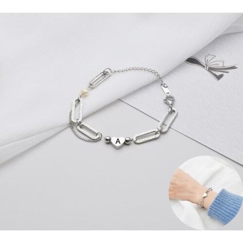 Engrave A-Z Letters Stainless Steel Bracelets For Women Custom Meanful Letter Heart Pendant Pearl Silver Jewelry Birthday Gift