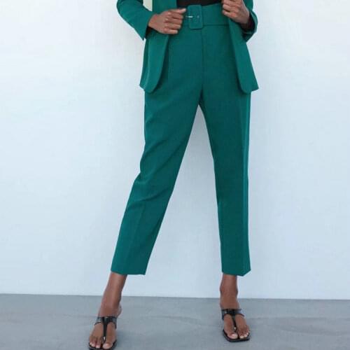 2021 Spring Autumn Women Elegant Business Green High Waist Work Pants Leggings OL Office Lady Fitness Pencil Trousers Sash Belt