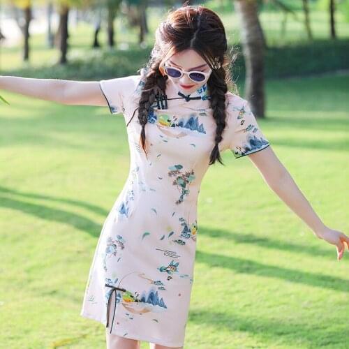 Women Sexy Daily Casual Mandarin Collar Qipao Summer Chinese Style Pink Print Short Sleeve Cheongsam Plus Size S M L XL XXL 3XL