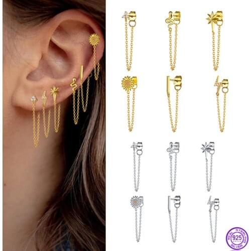 Snake Ear wire silver chain Long earrings 925 Sterling silver for women Star moon Rainbow zircon Earring 2020 popular jewelry