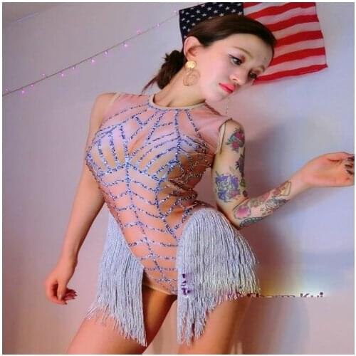 Womens Nude Nightclub Outfit Party Wear big Stretch Tassel Leotard Female Singer Dancer Sexy Fringes Bodysuit Costume