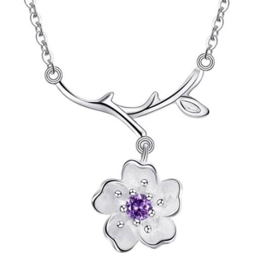 925 Sterling Silver Jewelry Elegant Zircon Purple Cherry Blossom Flowers Necklace for Women Ladies Charm Accessories Gifts SN258
