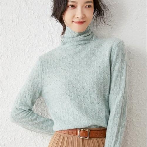 2021 woman winter 100% Cashmere sweaters knitted Pullovers jumper Warm Female Turtleneck blouse blue long sleeve clothing
