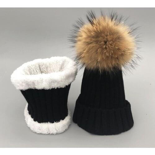 2020 Winter Hat For Women Girl Knitted Hat Keep Warm Beanies With natural Fur Pom Pom Hat High quality women hat scarf