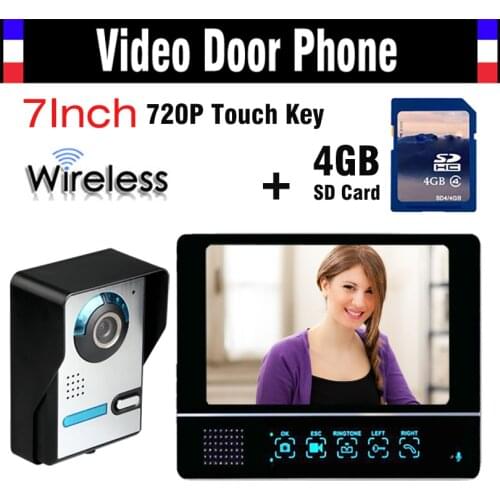 Wireless Video Door Phone Doorbell Intercom System + 4GB SD Card Record 7 Inch Touch Key recording Video Night Vision Camera