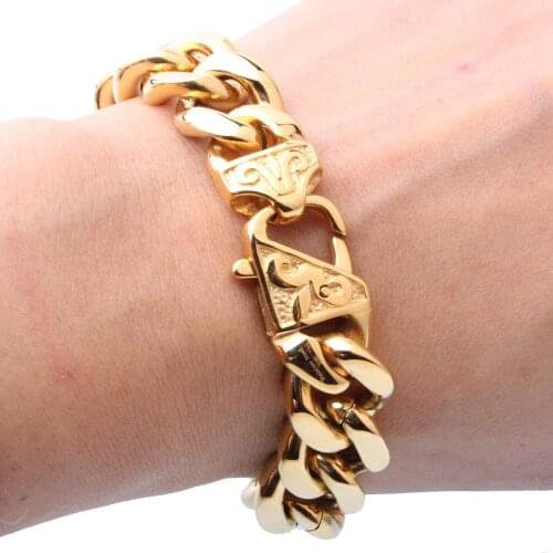 7-11inch New Arrive 316L Stainless Steel Gold Tone Cuban Curb Chain Bracelet Bangle Mens Womens Jewelry Gift 13/15mm Wide