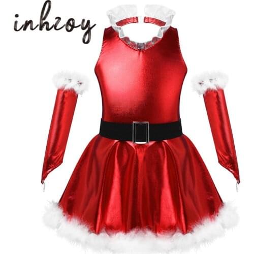 Kids Sleeveless Faux Fur Hem Red Shiny Xmas Dress with Arm Sleeves Girls Christmas Holiday Stage Performance Jazz Dance Costume