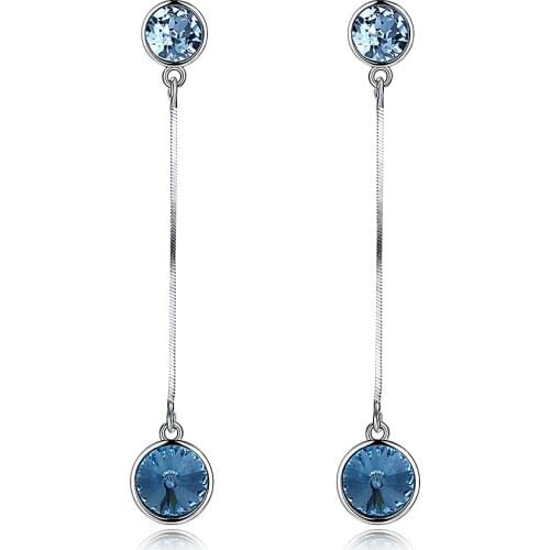 SILVERHOO Long Earrings For Women S925Sterling Silver Blue Round Austria Crystal Drop Earring Engagement Send To Girlfriend Best