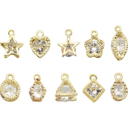 Julie Wang 10PCS Tiny Zircon Charms Star Heart Round Square Geometric Shape Crystal Pendant Earrings Jewelry Making Accessory