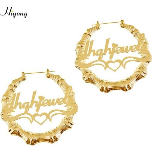 HIYONG 30mm-100mm Bamboo Hoop Earrings Bamboo Style Custom Earrings Customize Name Earrings Customizable Jewelry Gift for Women