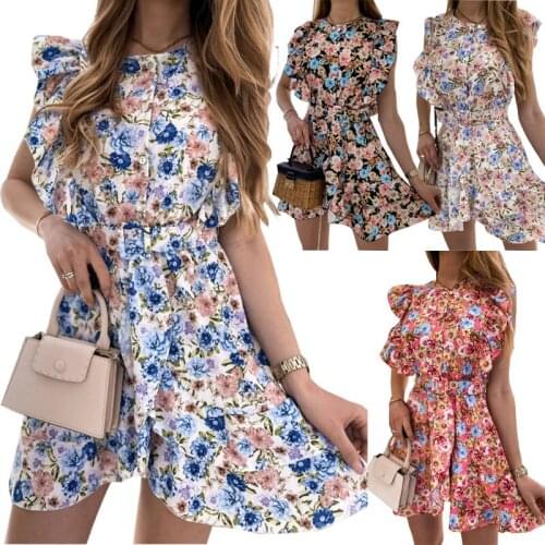 Summer Dress Women Clothing 2021 Print Dresses Printed Ruffles Belt Sleeveless Mini Dress For Woman Vestido De Mujer Robe Femme